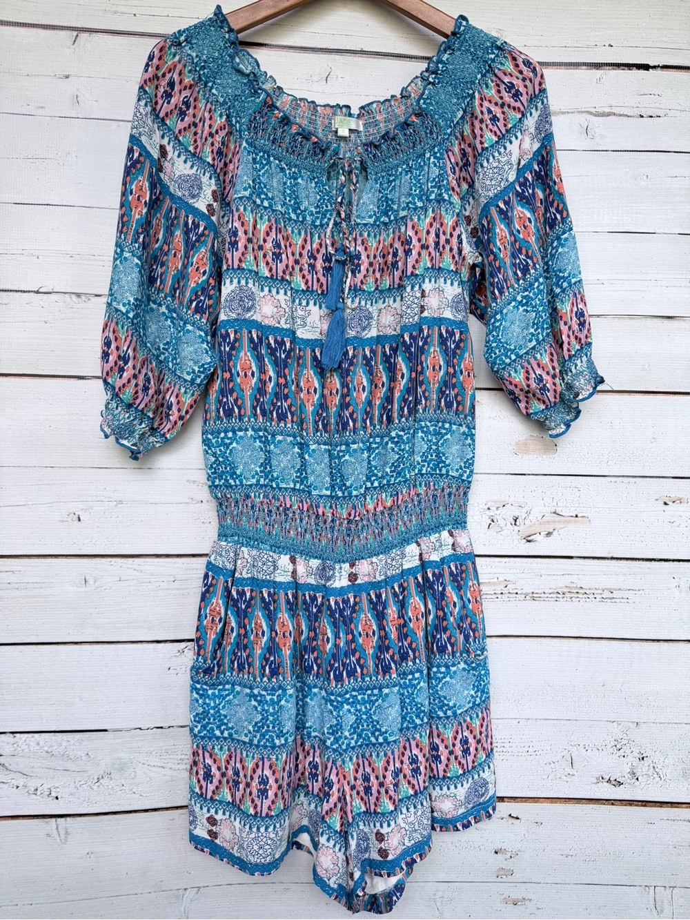 Jade Melody Tam Off the Shoulder Smocked Ikat Print Romper Size Small